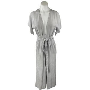 Skylar + Madison White Black Striped Short Sleeve Plunging Wide Leg Jumpsuit M